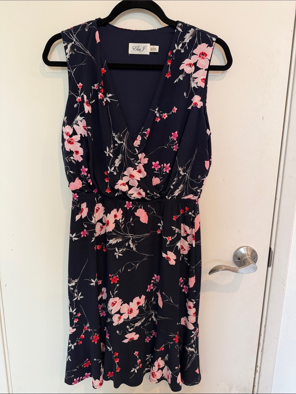 Eliza J Navy Floral V-Neck Midi Dress with Pink Blossoms